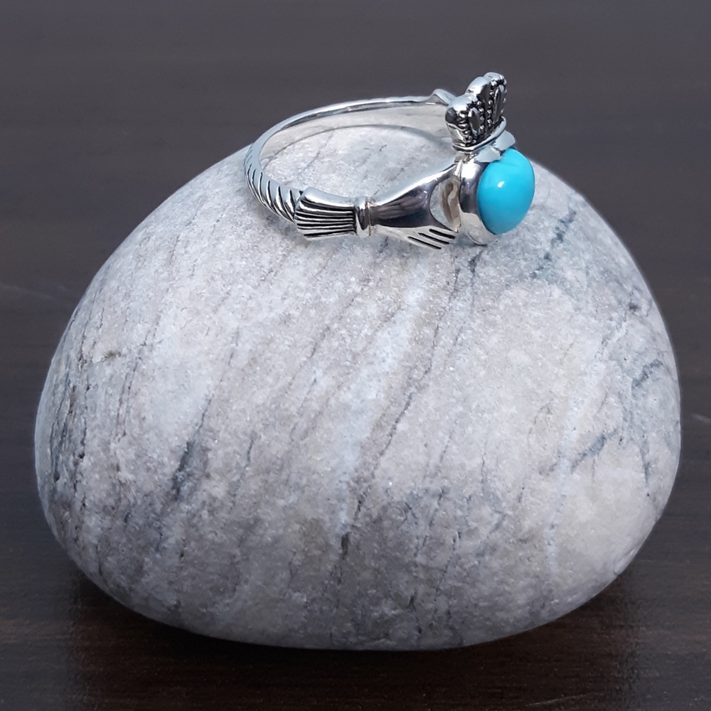 Sz 9 JMH Ireland Claddagh Ring Sterling Silver Sleeping Beauty Turquoise Heart - Picture 7 of 16